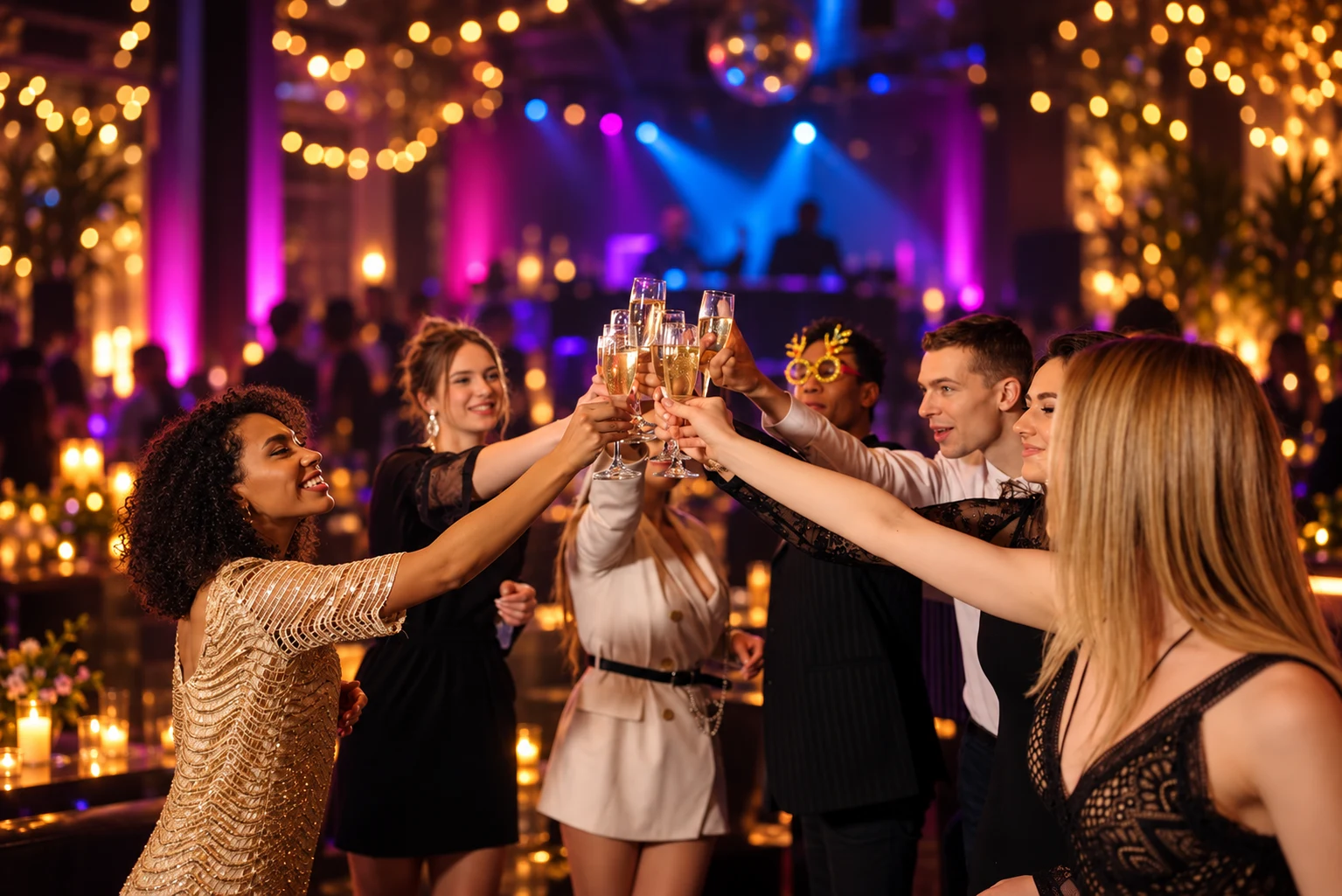 Friends celebrating with a toast under colorful party lights