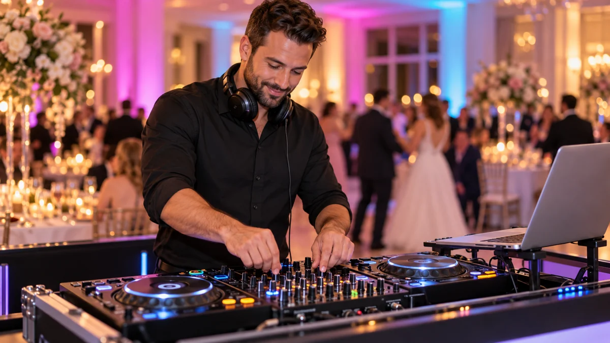 Illustration of a DJ mixing music behind professional equipment at a wedding reception