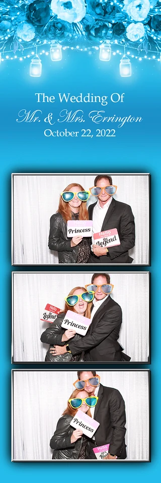 Blue wedding photo strip with guests posing with props