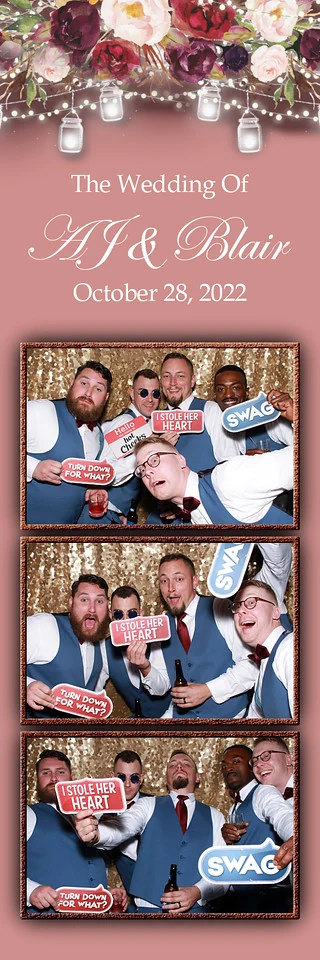 Pink wedding photo strip with playful group photos